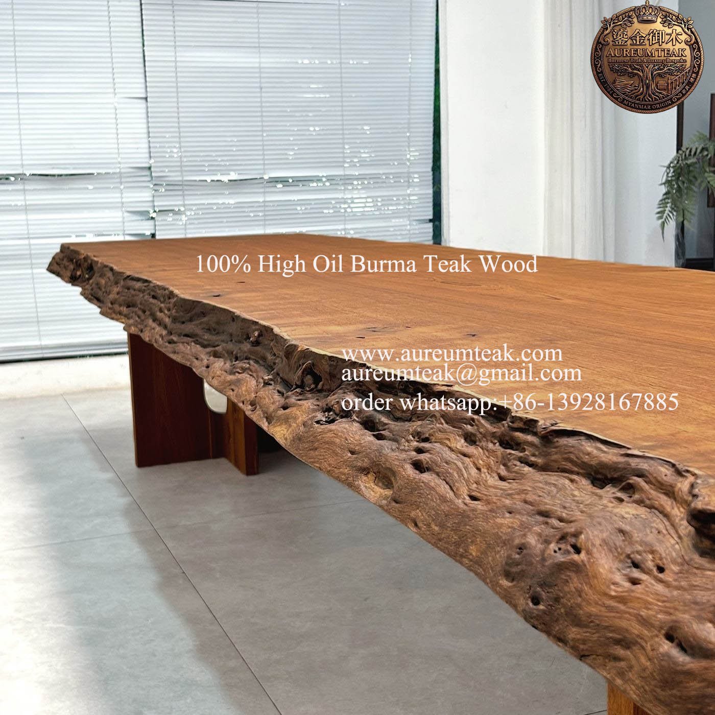Wholesale Premium Natural Burmese Teak Live Edge Slab | Custom Solid Wood Table Tops, Dining Slabs & Luxury Interior Timber by Aureum Teak